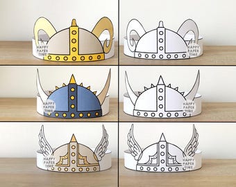 Viking Helmet Paper Hat Crown Headband Activity Printable Kids Medieval Norse Birthday Party Favor Costume DIY Coloring Instant Download
