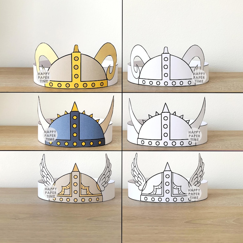 Viking Helmet Paper Hat Crown Headband Activity Printable Kids Medieval Norse Birthday Party Favor Costume DIY Coloring Instant Download image 1