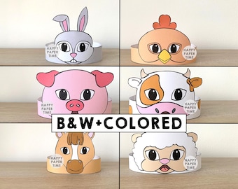 Farm animals Paper Crowns Pig Pony Cow Rabbit Sheep Chicken Printable Kids Craft Birthday Party Favor Costume DIY Printable Instant Download