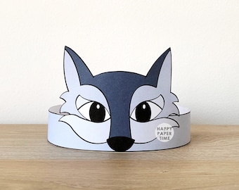 Corona de papel de lobo para fiesta, imprimible, manualidad para niños, regalo de cumpleaños de bosque, corona de animal, disfraz de lobo imprimible, descarga instantánea