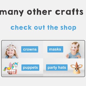K&ouml;nnte beinhalten: Eine Collage aus Bildern, die verschiedene Arten von Bastelarbeiten zeigen, darunter Kronen, Masken, Puppen und Partyh&uuml;te. Der Text "many other crafts! check out the shop" wird oben im Bild angezeigt.