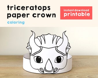 Triceratops Paper Crown Party Coloring Printable Kids Craft Dinosaur Birthday Decor Printable Favor Costume DIY Printable Instant Download