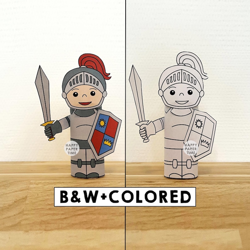 Knight Toilet Paper Roll Craft Medieval Fantasy Party Coloring Printable Decoration Kids Play Cut out Glue DIY - Instant Download image 1