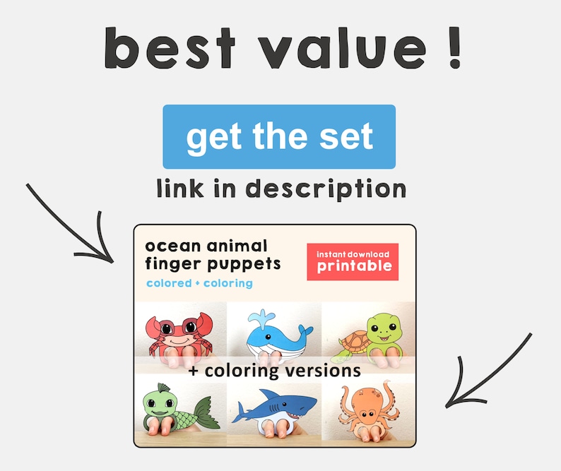 May include: Printable ocean animal finger puppets. The set includes six different ocean animals: a crab, whale, turtle, fish, shark, and octopus. The puppets are available in both colored and coloring versions. Instant download.