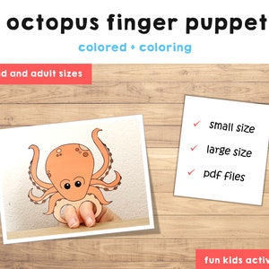 K&ouml;nnte beinhalten: Druckbare Fingerpuppe mit einem Oktopus in orange und braunen Farben. Die Vorlage ist in zwei Gr&ouml;&szlig;en erh&auml;ltlich: klein und gro&szlig;. Die Liste enth&auml;lt PDF-Dateien zum Ausdrucken.