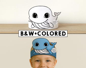 Corona de papel de ballena para colorear, imprimible, para fiesta, sombrero, manualidad infantil, animal marino, plantilla de cumpleaños, recuerdo, PDF, disfraz, bricolaje, descarga instantánea