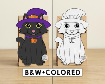 Black Cat Paper Bag Puppet Printable Halloween Craft Activity Cut Paste Coloring Spooky Day Party Favor Instant Download