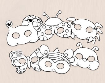 Bugs and Insects paper masks spring animal costume kids coloring craft activity party favor printable mask - Instant Download PDF