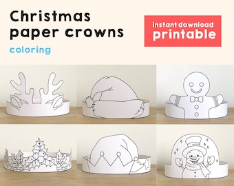 Christmas Paper Crowns coloring activity Printable Kids Craft Hats Winter Holiday Party Favor Costume DIY Printable - Instant Download