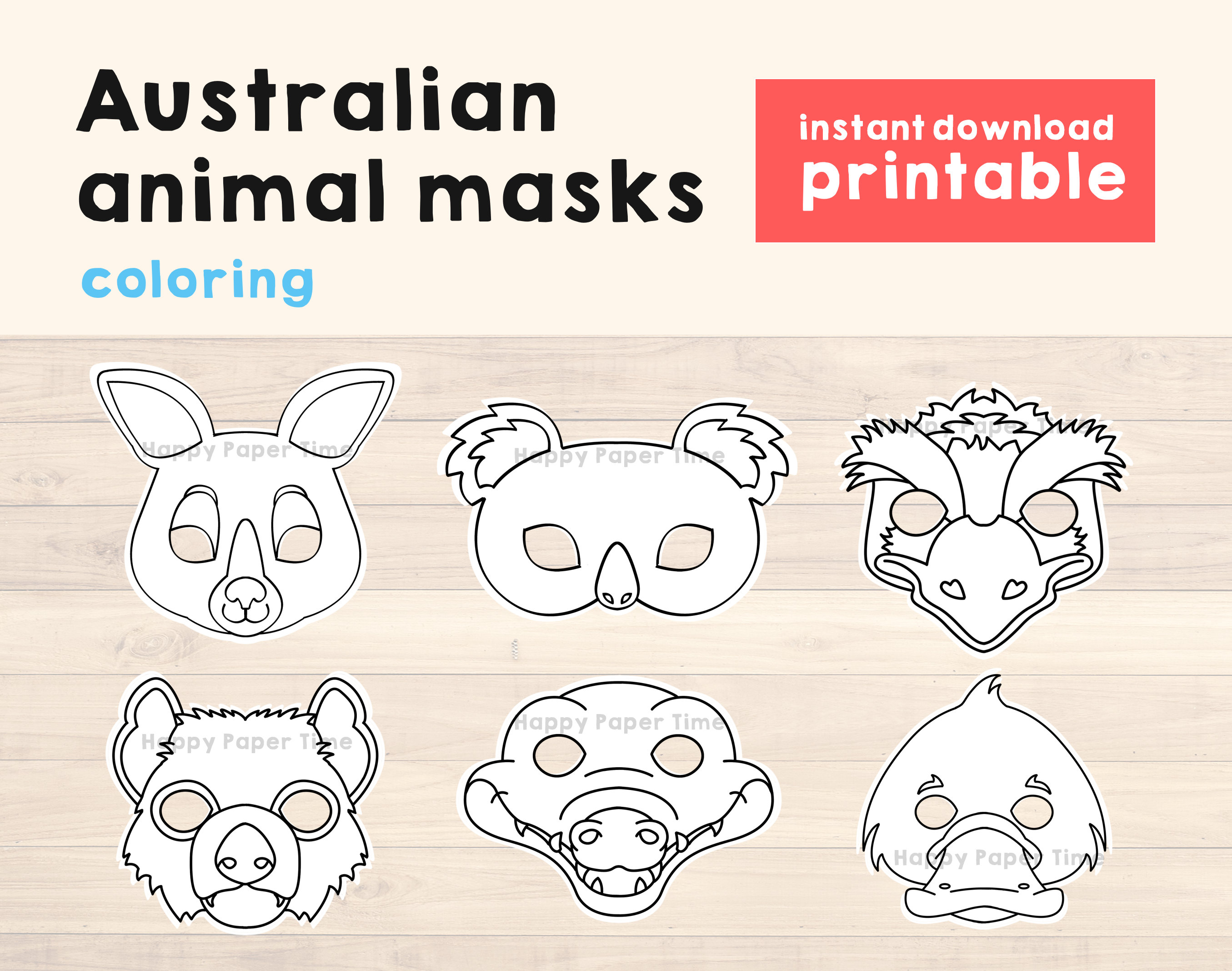 Australian Animal Masks for Coloring Printable Template for | Etsy UK