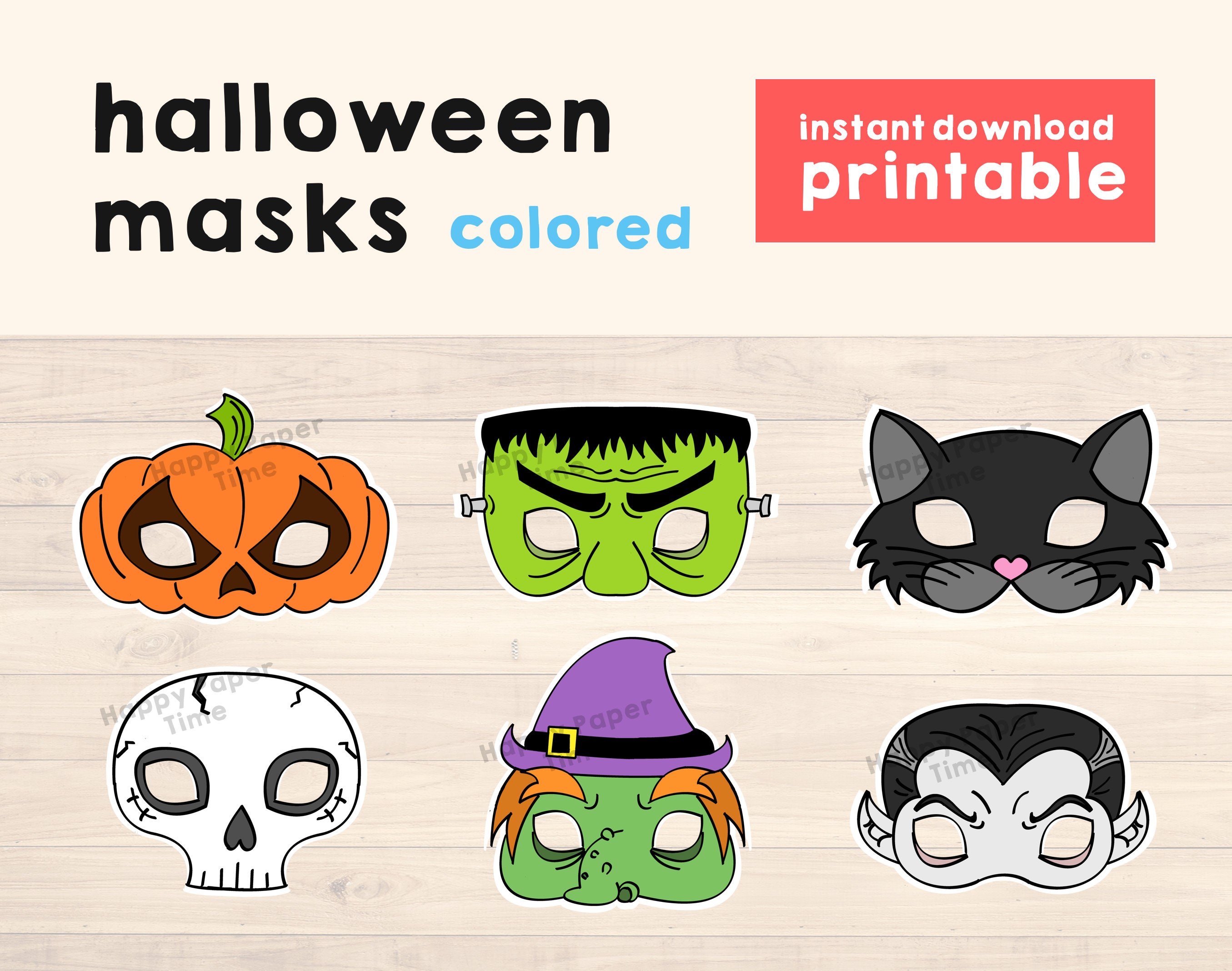 Cat mask kids Halloween - Printable coloring craft by - Happy Paper Time