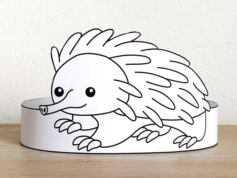 May include: A black and white line drawing of an echidna, a small mammal native to Australia and New Guinea. The echidna is depicted with a long snout, spiky fur, and short legs. This printable design is perfect for coloring or crafting.