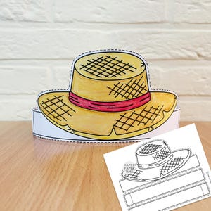 May include: A paper craft hat featuring a yellow straw texture with a red band, accompanied by a black and white printable template sheet labeled Happy Paper Time. The hat is designed as a wearable headband with a cutout straw hat illustration.
