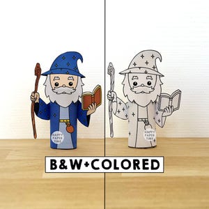 Manualidad de mago con rollo de papel higiénico, fiesta de fantasía medieval, decoración imprimible para colorear, juego infantil, recortes mágicos, bricolaje - Descarga instantánea imagen 1