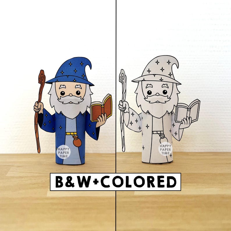 Manualidad de mago con rollo de papel higiénico, fiesta de fantasía medieval, decoración imprimible para colorear, juego infantil, recortes mágicos, bricolaje - Descarga instantánea imagen 1