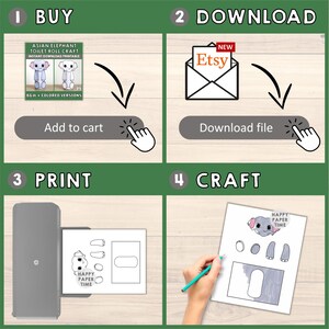 Peut inclure: Un guide en quatre &eacute;tapes pour r&eacute;aliser un bricolage en rouleau de papier toilette. Les &eacute;tapes sont&nbsp;: acheter, t&eacute;l&eacute;charger, imprimer et bricoler. Le bricolage est un bricolage en rouleau de papier toilette en forme d&rsquo;&eacute;l&eacute;phant asiatique. L&rsquo;image montre un mod&egrave;le imprimable d&rsquo;un &eacute;l&eacute;phant avec le texte &laquo;&nbsp;Happy Paper Time&nbsp;&raquo;.