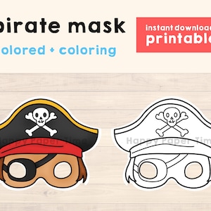 May include: Printable pirate mask template. The image shows a colored mask and a black and white outline mask. Both masks feature a pirate hat with a skull and crossbones design and an eye patch.