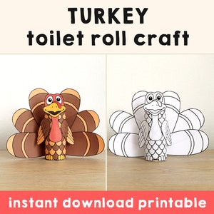 Truthahn Toilettenpapierrolle Basteln Thanksgiving Party Ausmalen Druckbare Dekoration Kinder Spielen Ausschneiden Kleber DIY - Instant Download