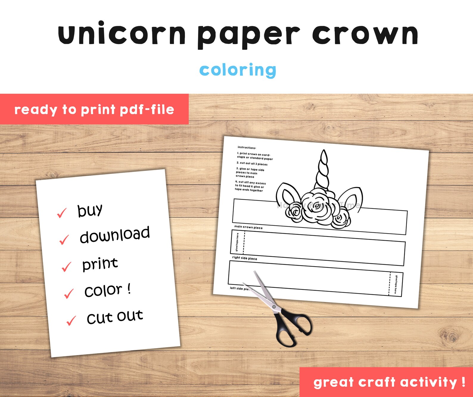 Unicorn Paper Crown Coloring Printable Kids Craft Unicorn Etsy