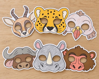 Afrikanische Tiermasken zum Ausdrucken (PDF), 6 Safari-Kostüme, Mal- und Bastelvorlage für Kinder, Kinder- und Erwachsenengrößen, Sofort-Download