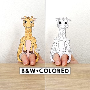 Jirafa de papel imprimible, títere de dedo de animal africano, manualidad para niños, fiesta de cumpleaños, títere para colorear para niños - Descarga instantánea imagen 1