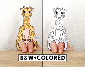Jirafa de papel imprimible, títere de dedo de animal africano, manualidad para niños, fiesta de cumpleaños, títere para colorear para niños - Descarga instantánea