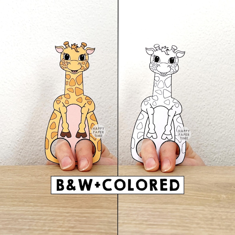 Jirafa de papel imprimible, títere de dedo de animal africano, manualidad para niños, fiesta de cumpleaños, títere para colorear para niños - Descarga instantánea imagen 1