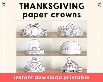 Thanksgiving Papier Couronnes Artisanat Coloriage Imprimable Enfants Pèlerin Citrouille Turquie Automne Automne Party Favor Costume Modèle - Téléchargement immédiat