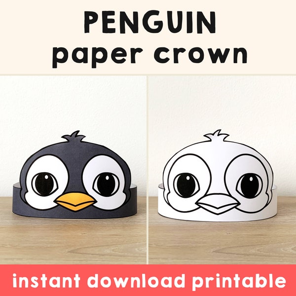 Penguin Paper Crown Party Coloring Paper Hat Printable Kids Craft Cute Polar Birthday Decor Printable Favor pdf Costume DIY Instant Download