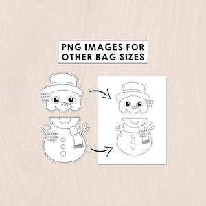 Puede incluir: Dibujo en blanco y negro de un mu&ntilde;eco de nieve con sombrero de copa y bufanda. La imagen incluye el texto "PNG IMAGES FOR OTHER BAG SIZES" y el logotipo "HAPPY PAPER TIME".