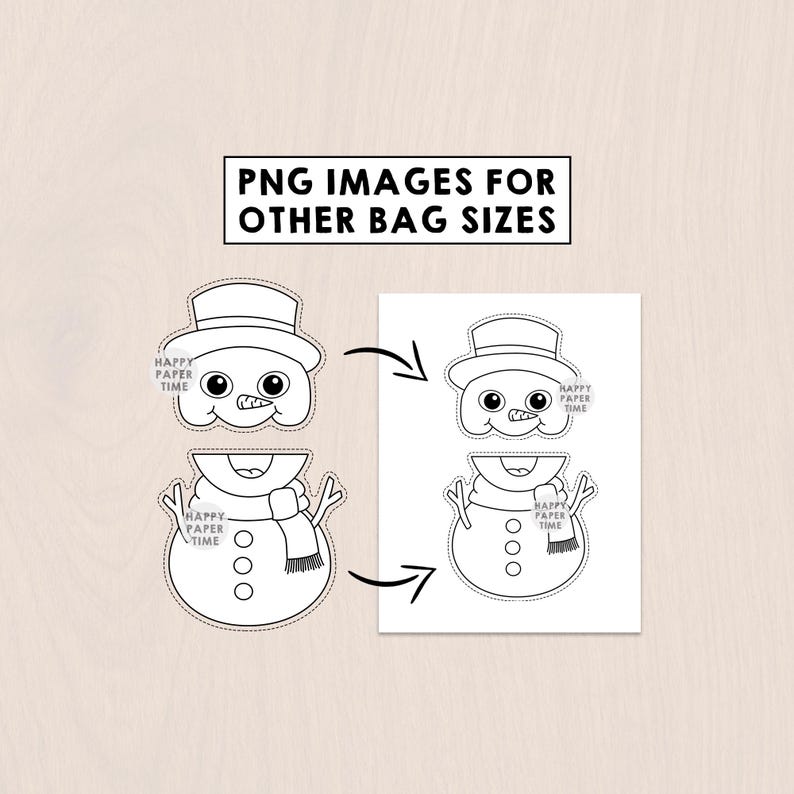 Puede incluir: Dibujo en blanco y negro de un mu&ntilde;eco de nieve con sombrero de copa y bufanda. La imagen incluye el texto "PNG IMAGES FOR OTHER BAG SIZES" y el logotipo "HAPPY PAPER TIME".