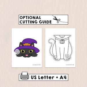 Puede incluir: Dos recortes de papel con tem&aacute;tica de Halloween. Uno presenta un gato negro con un sombrero de bruja morado, el otro un contorno de gato en blanco y negro. El texto dice "OPTIONAL CUTTING GUIDE" y "US Letter + A4".