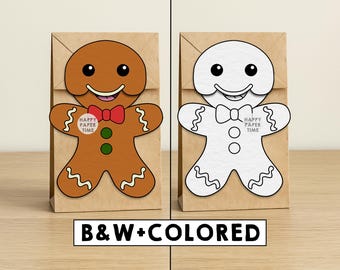 Gingerbread Man Paper Bag Puppet Christmas Printable Holiday Winter Craft Activity Cut Paste Coloring Party Favor Instant Download