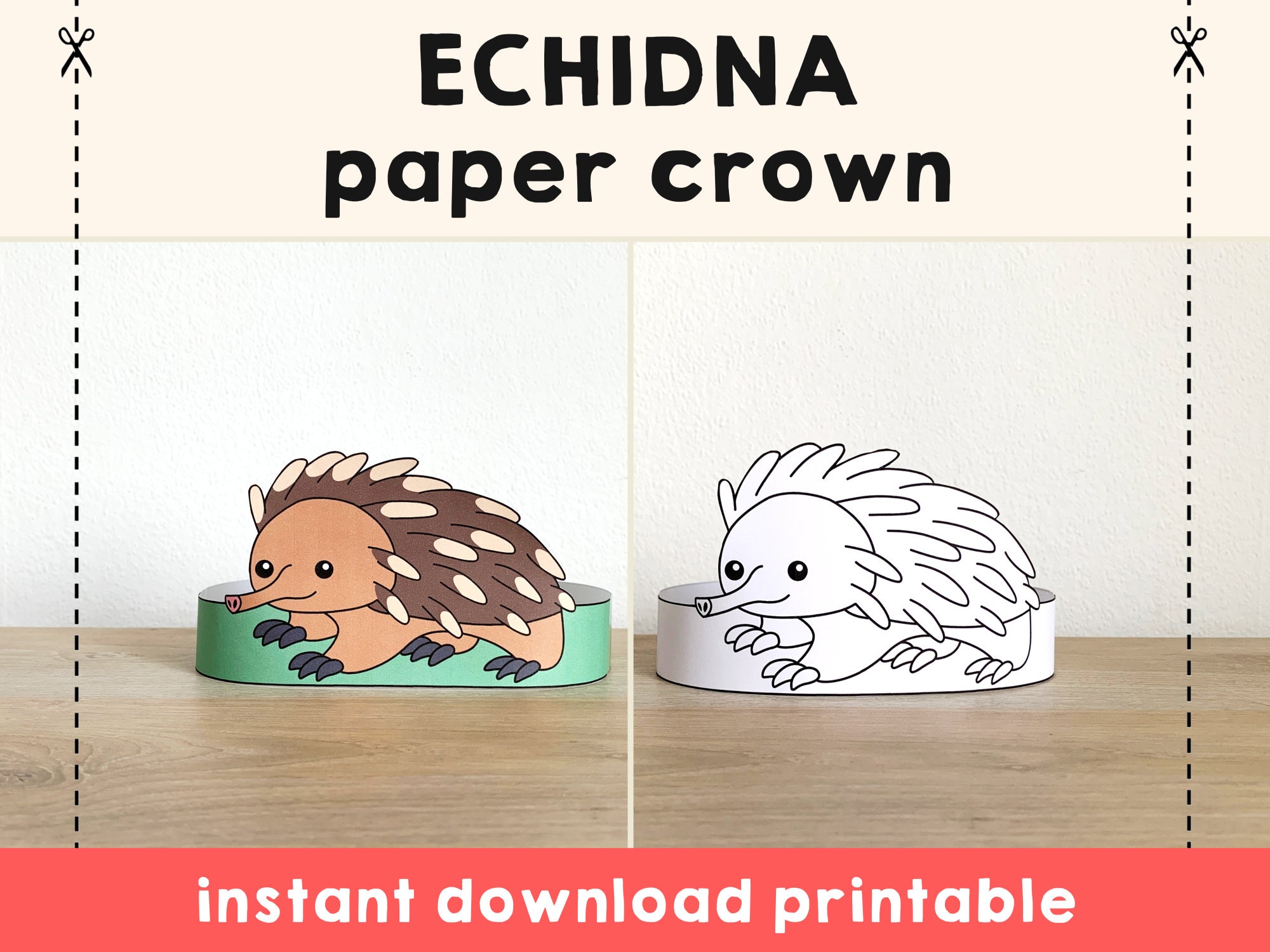 Echidna Paper Crown Australian Animal Template Coloring Activity Printable Kids Craft Birthday Party Favor Costume DIY Instant Download