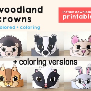 Woodland animals Paper Crowns Hedgehog Mouse Squirrel Rabbit Skunk Printable Kids Craft Birthday Party Favor Costume DIY Printable Download