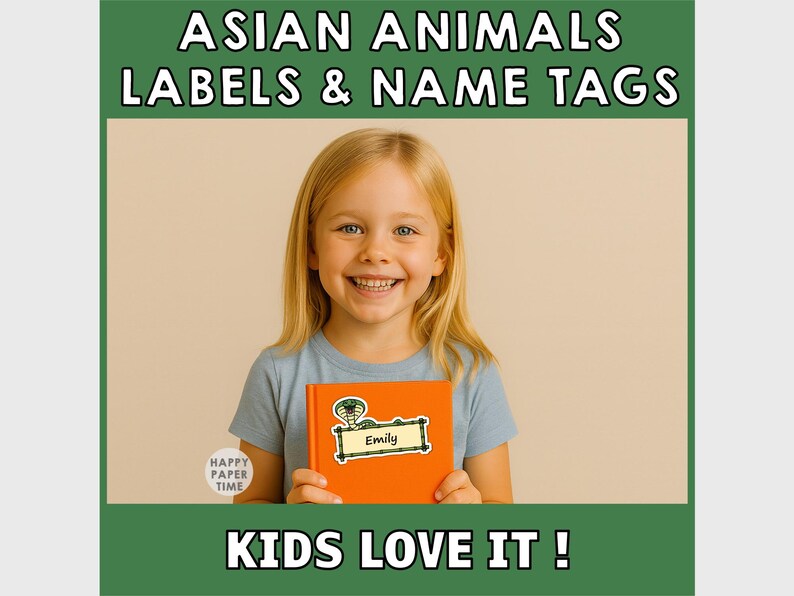 Puede incluir: Una ni&ntilde;a sonriente sostiene un libro naranja con una etiqueta con el nombre "Emily" y una ilustraci&oacute;n de serpiente. La imagen tiene el texto "ASIAN ANIMALS LABELS & NAME TAGS" y "KIDS LOVE IT!"