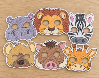 Afrikanische Tiermasken aus Papier – Safari-Zoo-Tierkostüme für Kinder – Malvorlage, Bastelidee, Partygeschenk, druckbare Maske – Sofort-Download (PDF)