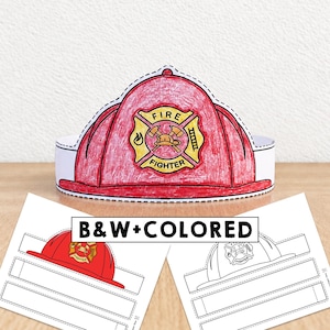 May include: A paper firefighter hat craft featuring a red helmet with a yellow emblem displaying the text FIRE FIGHTER, crossed axes, and a ladder. The set includes a coloured version and a black and white outline version for colouring activities.