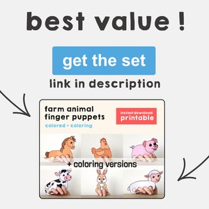 Peut inclure: Marionnettes de doigts d'animaux de la ferme imprimables. L'ensemble comprend des versions color&eacute;es et &agrave; colorier d'un cheval, d'une poule, d'un cochon, d'une vache, d'un lapin et d'un agneau.