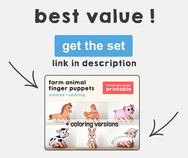 Peut inclure: Marionnettes de doigts d'animaux de la ferme imprimables. L'ensemble comprend des versions color&eacute;es et &agrave; colorier d'un cheval, d'une poule, d'un cochon, d'une vache, d'un lapin et d'un agneau.