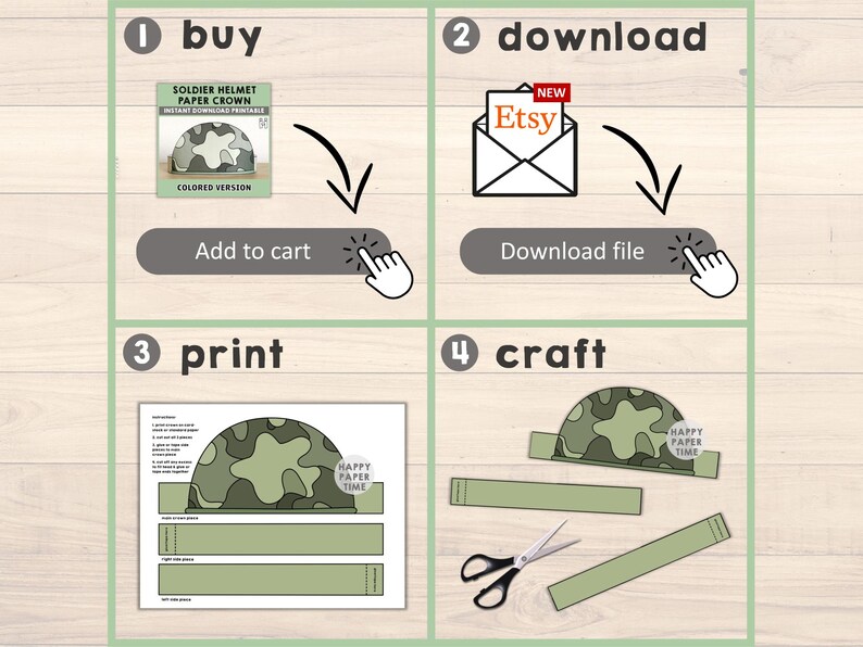 May include: A printable soldier helmet paper crown craft project. The image shows the steps to buy, download, print, and craft the paper crown. The crown is green and camouflage patterned.