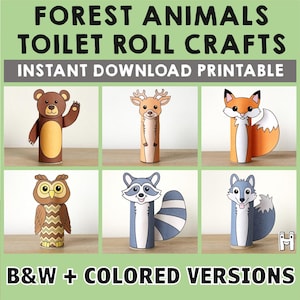 Waldtiere Toilettenpapier Rolle Fertigkeit Waldtiere Färbung Druckbare Dekoration Kinder Wildes Spiel Ausschneiden Kleber DIY-Instant Download