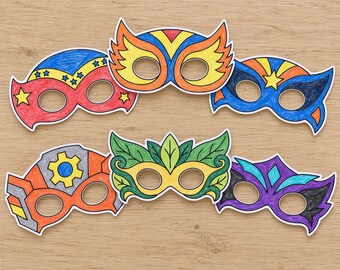 Superheldenmasken-Set zum Ausdrucken (6er-Set, PDF), Malvorlage für Kinder, DIY-Papierkostüm, Rollenspiel, Kinder- und Erwachsenengrößen, Sofort-Download