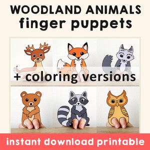 Woodland animal paper craft printable Finger Puppet Template Kids Craft Forest Birthday Party Kids Coloring Puppet Printable - Download