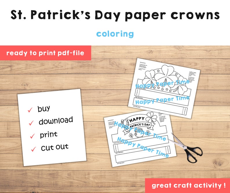 St Patrick's Day Paper Crowns Headbands Leprechaun Gold Party Coloring ...