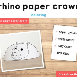 Op de afbeelding: Een printbare kleurplaat van een neushoorn papieren kroon. De kroon is gevormd als een neushoornkop en heeft een eenvoudig ontwerp dat gemakkelijk is voor kinderen om in te kleuren. De tekst "rhino paper crown coloring" staat bovenaan de pagina, en de tekst "super easy party craft" staat onder de afbeelding. De tekst "fun kids activity!" staat onderaan de pagina.