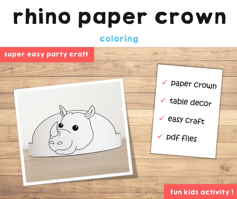 Op de afbeelding: Een printbare kleurplaat van een neushoorn papieren kroon. De kroon is gevormd als een neushoornkop en heeft een eenvoudig ontwerp dat gemakkelijk is voor kinderen om in te kleuren. De tekst "rhino paper crown coloring" staat bovenaan de pagina, en de tekst "super easy party craft" staat onder de afbeelding. De tekst "fun kids activity!" staat onderaan de pagina.