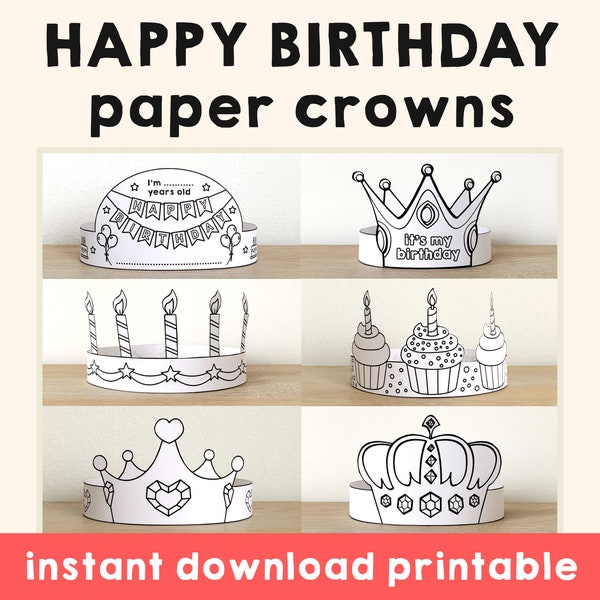Happy Birthday Paper Crowns Party B-Day Printable Kids Craft Birthday Party Favor Headbands Printable Download