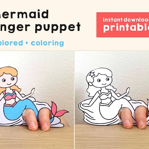 Mermaid paper craft printable Finger Puppet template Kids Craft activity Sea Ocean Birthday Party Coloring paper print - Instant Download