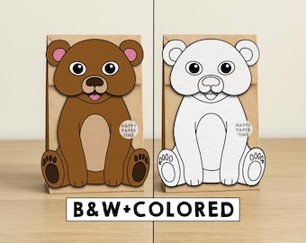 Bear Paper Bag Puppet Printable Forest Animal Craft Activity Cut Paste Coloring Woodland Party Favor Instant Download